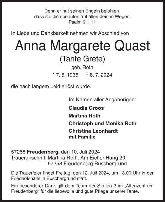 Traueranzeige von Anna  Quast von Siegener Zeitung