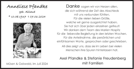 Traueranzeige von Anneliese Pfandke von Siegener Zeitung