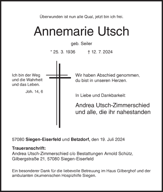 Traueranzeige von Annemarie Utsch von Siegener Zeitung