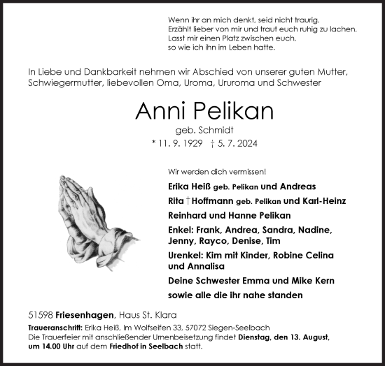 Traueranzeige von Anni Pelikan von Siegener Zeitung