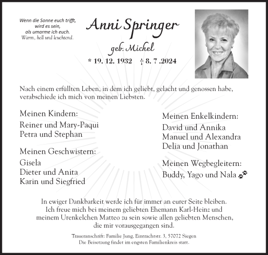Traueranzeige von Anni Springer von Siegener Zeitung
