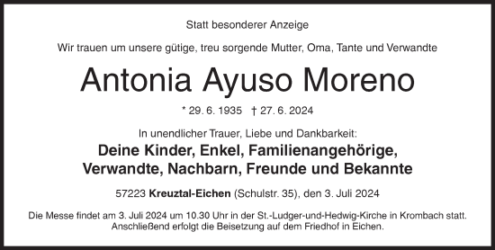 Traueranzeige von Antonia Ayuso Moreno von Siegener Zeitung