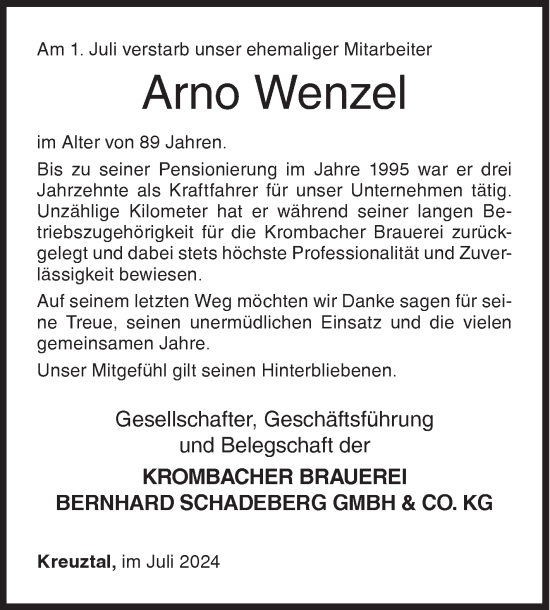 Traueranzeige von Arno Wenzel von Siegener Zeitung