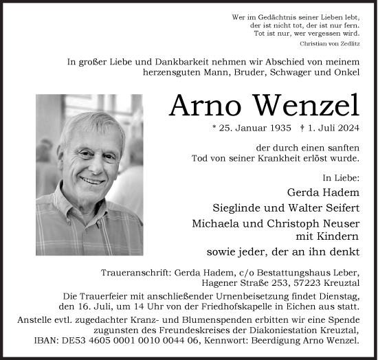 Traueranzeige von Arno Wenzel von Siegener Zeitung