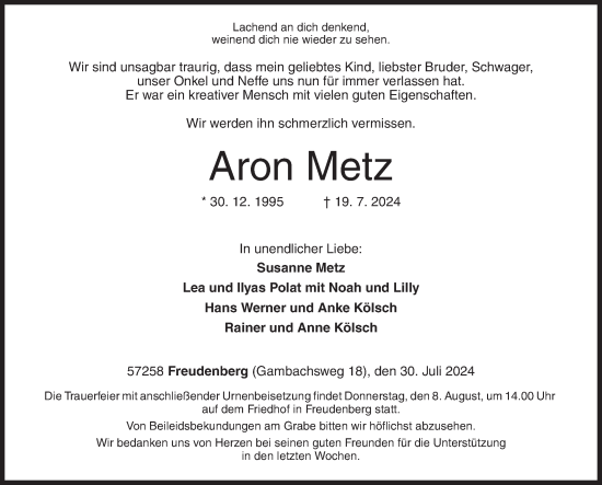 Traueranzeige von Aron Metz von Siegener Zeitung