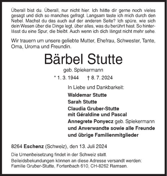 Traueranzeige von Bärbel Stutte von Siegener Zeitung