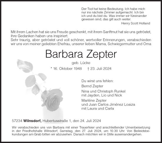 Traueranzeige von Barbara Zepter von Siegener Zeitung