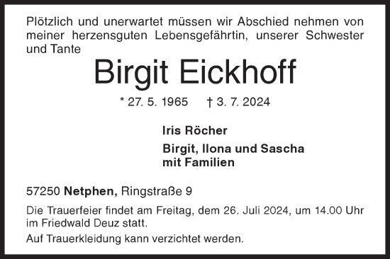 Traueranzeige von Birgit Eickhoff von Siegener Zeitung