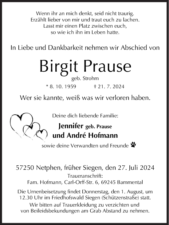 Traueranzeige von Birgit Prause von Siegener Zeitung