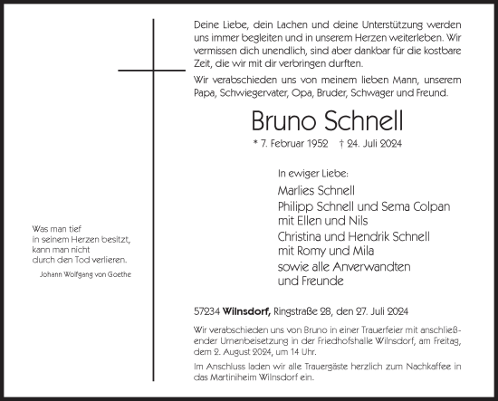 Traueranzeige von Bruno Schnell von Siegener Zeitung