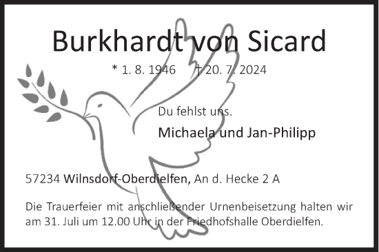 Traueranzeige von Burkhardt von Sicard von Siegener Zeitung