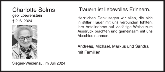 Traueranzeige von Charlotte Solms von Siegener Zeitung