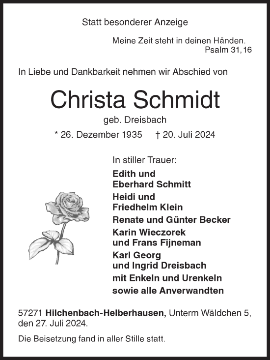 Traueranzeige von Christa Schmidt von Siegener Zeitung