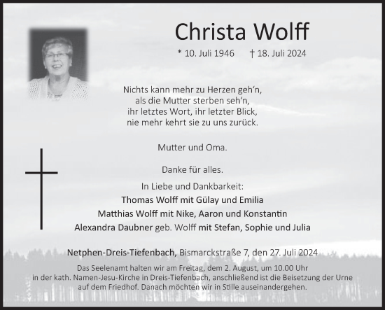Traueranzeige von Christa Wolff von Siegener Zeitung