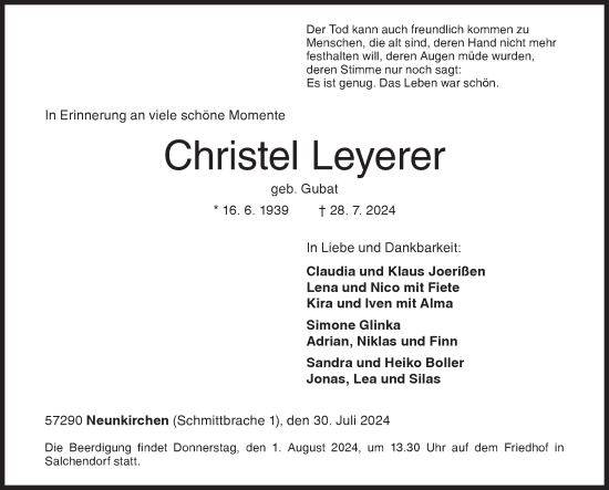 Traueranzeige von Christel Leyerer von Siegener Zeitung