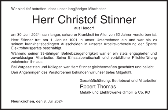 Traueranzeige von Christof Stinner von Siegener Zeitung