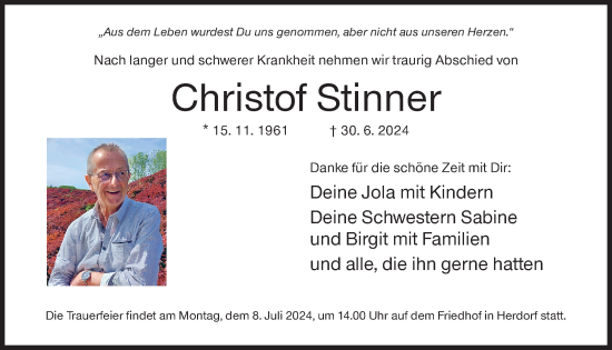 Traueranzeige von Christof Stinner von Siegener Zeitung