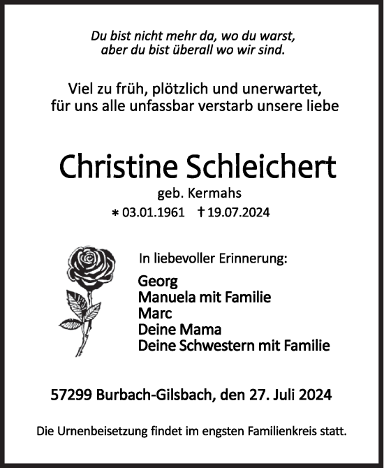 Traueranzeige von Chrstine Schleichert von Siegener Zeitung