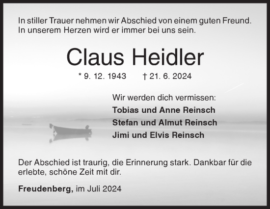 Traueranzeige von Claus Heidler von Siegener Zeitung