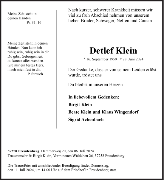 Traueranzeige von Detlef Klein von Siegener Zeitung