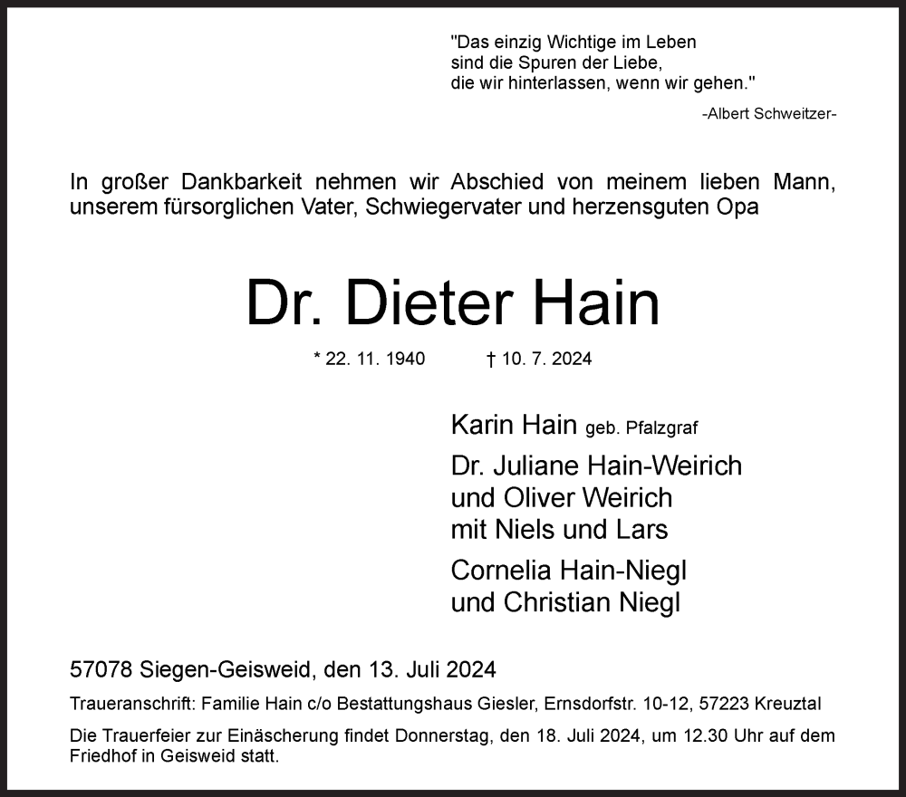 Traueranzeige für Dieter Hain vom 13.07.2024 aus Siegener Zeitung