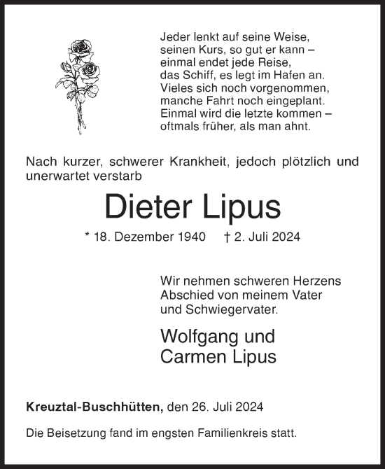 Traueranzeige von Dieter Lipus von Siegener Zeitung