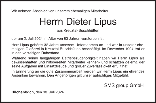 Traueranzeige von Dieter Lipus von Siegener Zeitung