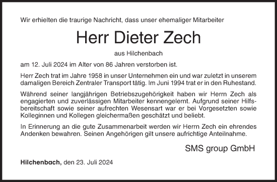 Traueranzeige von Dieter Zech von Siegener Zeitung