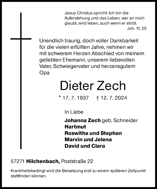 Traueranzeige von Dieter Zech von Siegener Zeitung