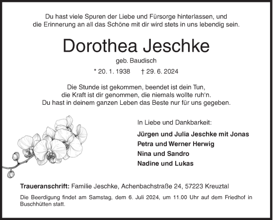 Traueranzeige von Dorothea Jeschke von Siegener Zeitung