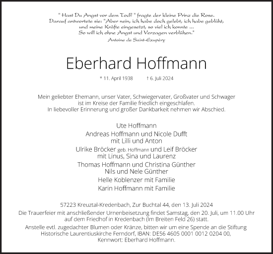 Traueranzeige von Eberhard Hoffmann von Siegener Zeitung