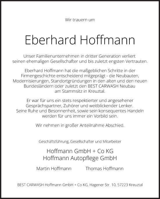 Traueranzeige von Eberhard Hoffmann von Siegener Zeitung