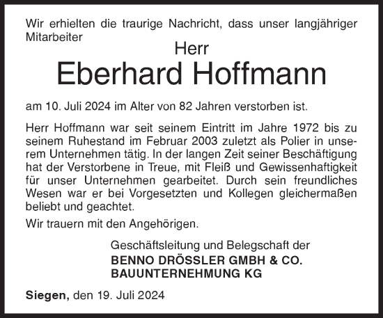 Traueranzeige von Eberhard Hoffmann von Siegener Zeitung