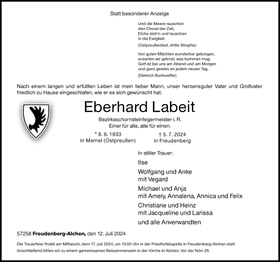 Traueranzeige von Eberhard Labeit von Siegener Zeitung