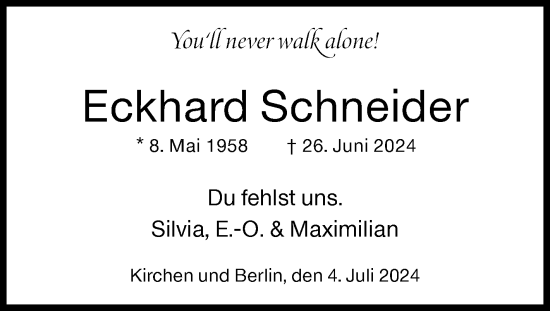 Traueranzeige von Eckhard Schneider von Siegener Zeitung