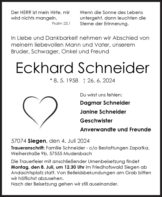 Traueranzeige von Eckhard Schneider von Siegener Zeitung