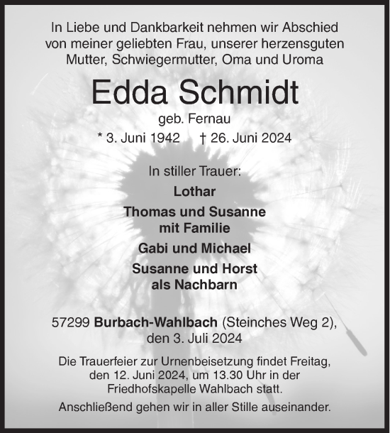 Traueranzeige von Edda Schmidt von Siegener Zeitung