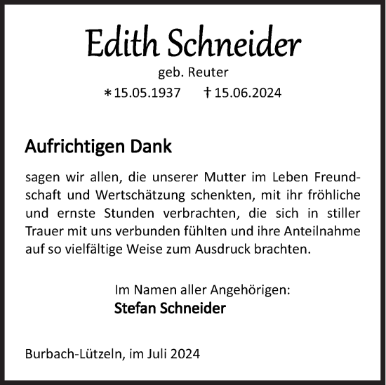 Traueranzeige von Edith Schneider von Siegener Zeitung