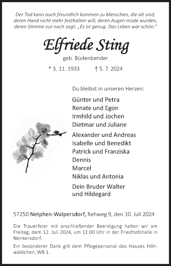 Traueranzeige von Elfriede Sting von Siegener Zeitung