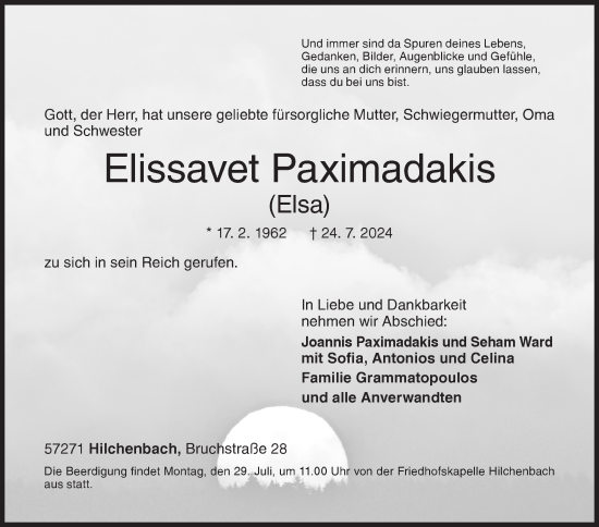 Traueranzeige von Elissavet Paximadakis von Siegener Zeitung
