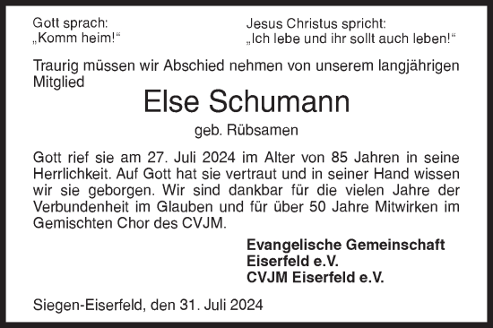 Traueranzeige von Else Schumann von Siegener Zeitung