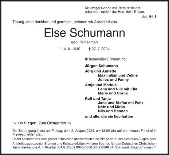 Traueranzeige von Else Schumann von Siegener Zeitung