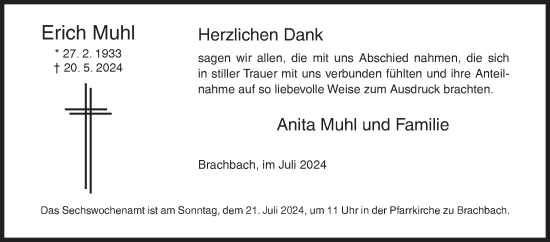 Traueranzeige von Erich Muhl von Siegener Zeitung