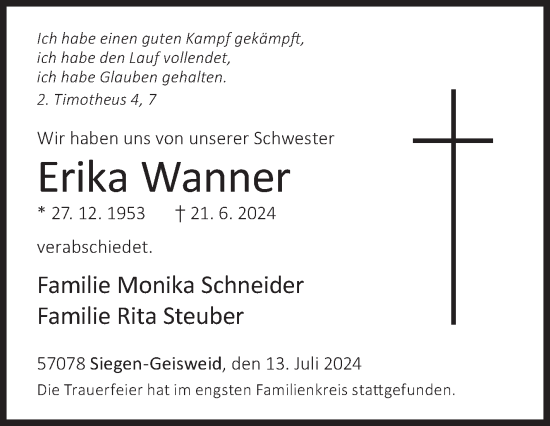 Traueranzeige von Erika Wanner von Siegener Zeitung