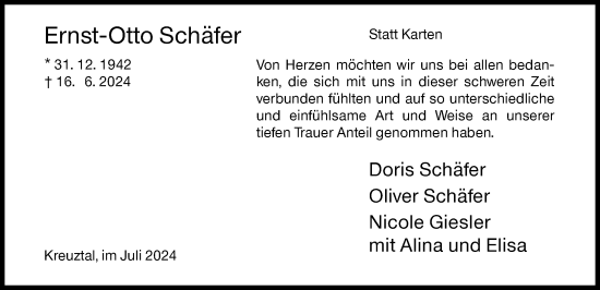 Traueranzeige von Ernst-Otto Schäfer von Siegener Zeitung