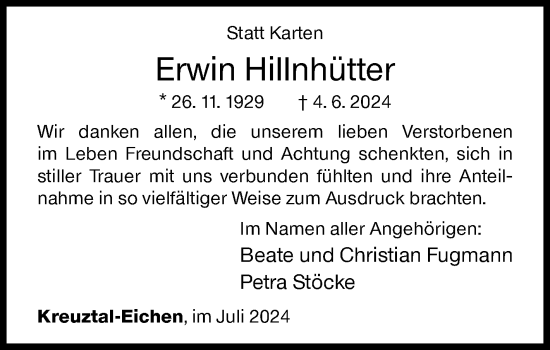 Traueranzeige von Erwin Hillnhütter von Siegener Zeitung