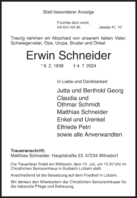 Traueranzeige von Erwin Schneider von Siegener Zeitung