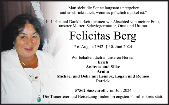 Traueranzeige von Felicitas Berg von Siegener Zeitung