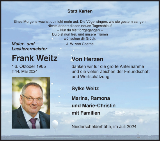 Traueranzeige von Frank Weitz von Siegener Zeitung
