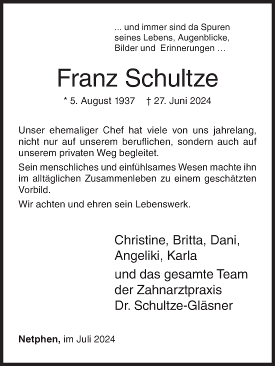 Traueranzeige von Franz Schultze von Siegener Zeitung